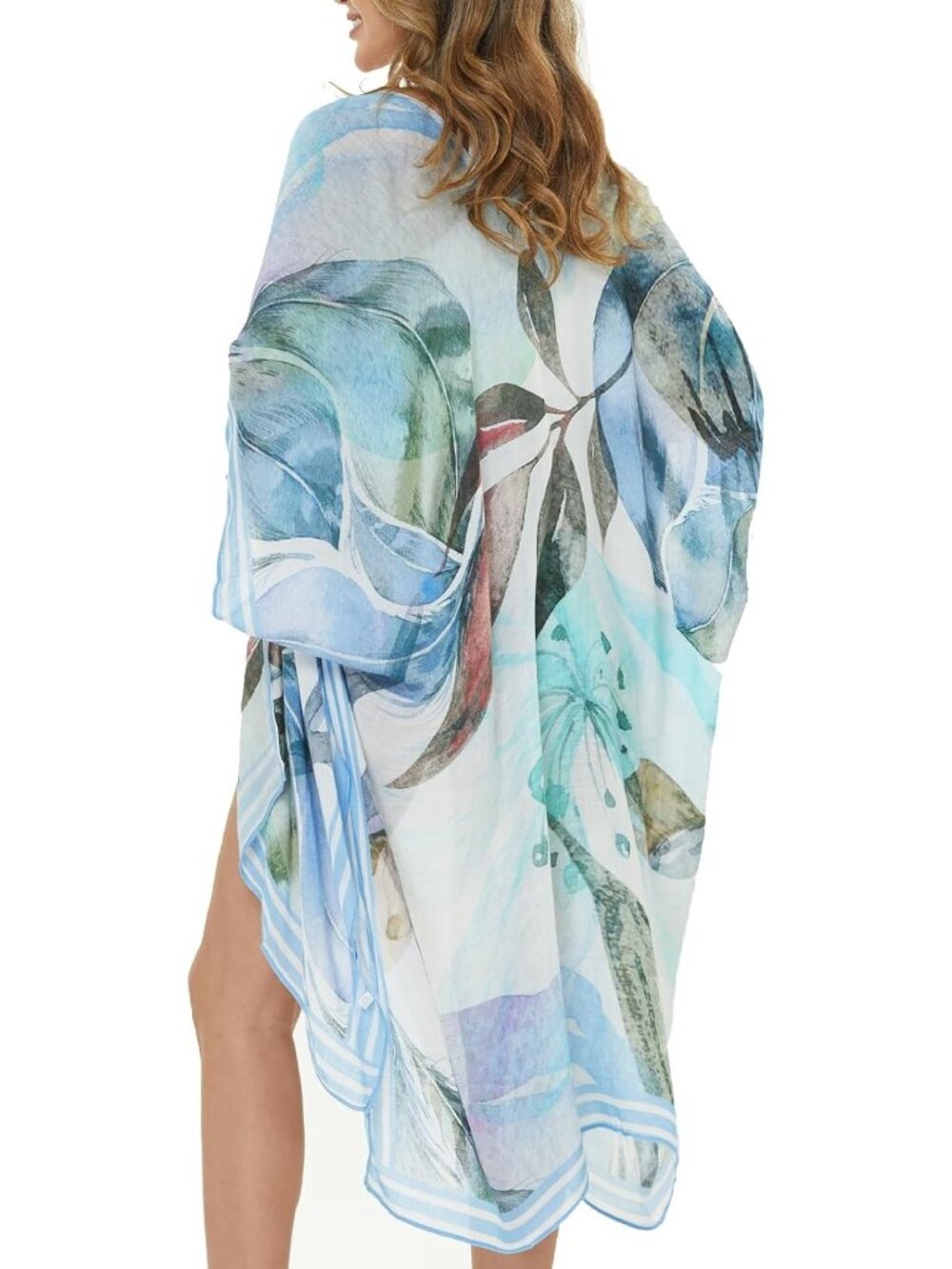 Women's Blue Big Leaves Viscose Summer Lightweight Boho Kimono Cardigan Coverups